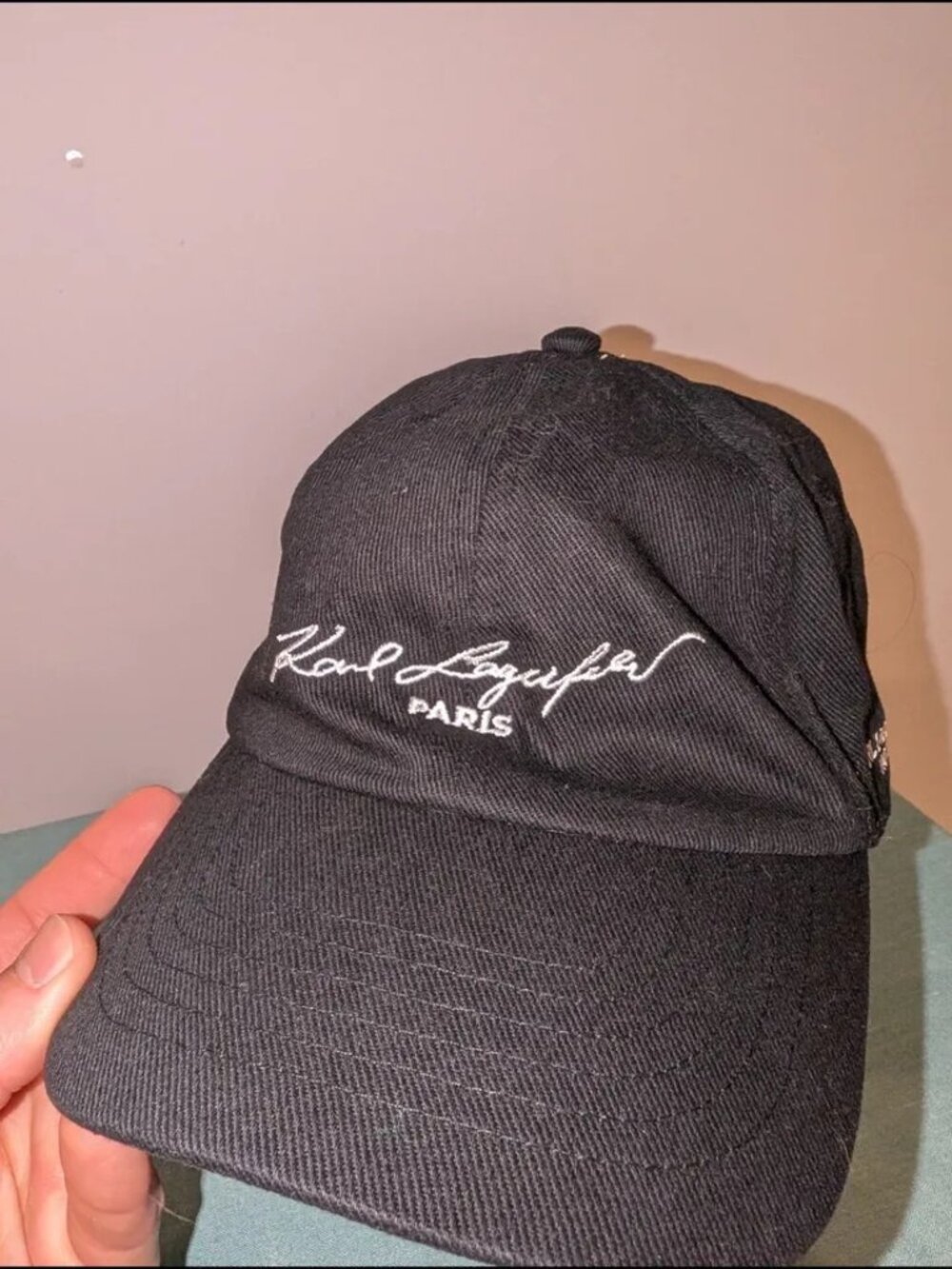 Karl Lagerfeld Paris Black Baseball Cap with White Script Logo